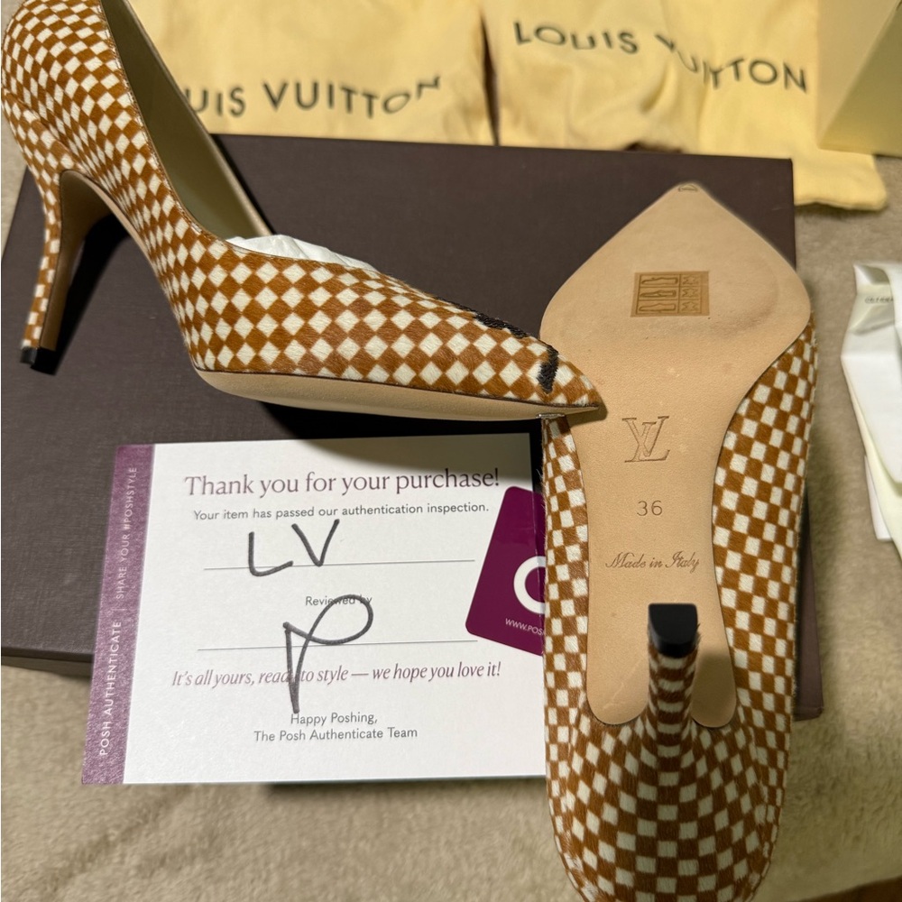Louis Vuitton Brown & White Checkered Pointed Toe Pumps